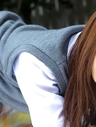 Manami Sato takes school uniform off and shows body outdoor