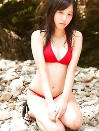 Mikako Horikawa with hot body in red lingerie plays outdoor