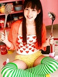 Rina Akiyama Asian in long colorful socks enjoys some sweets Rina Akiyama Asian in long colorful socks enjoys some sweets