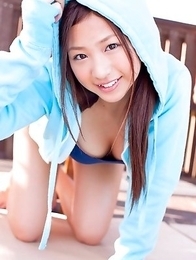 Ayaka Sayama Japan shows nasty behind in blue bath suit outdoor