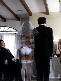 Hot Mirei Oomori in white wedding lingerie sucks cock and gets cumshot