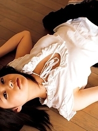 Akina Suzuki in panty takes bra off but hides her big jugs